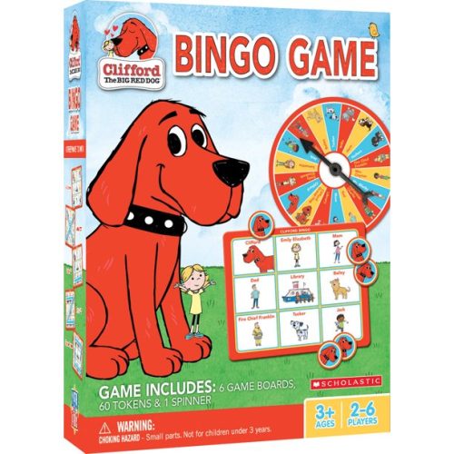 Play bingo with Clifford and his favorite friends. This Clifford Bingo Game puts a Big Red Dog spin on the family favorite. Make all 9 matches and be the first to shout BINGO! This MasterPieces Bingo Game includes 1 spinner, 6 gameboards, and 60 custom tokens. For 2-6 players. Perfect for ages 3 and up.