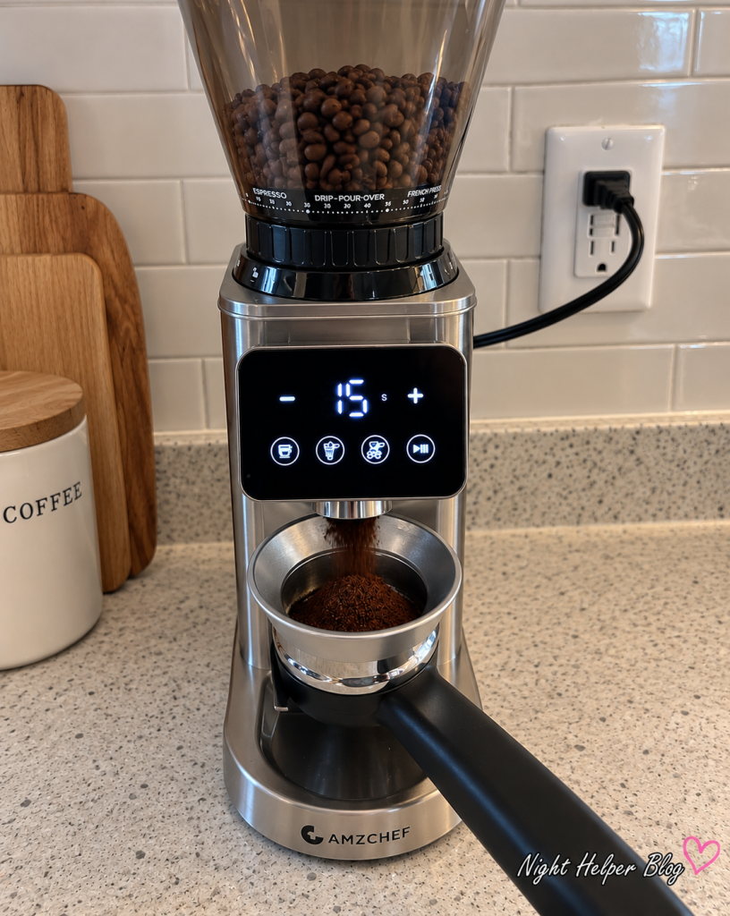 AMZCHEF Burr Coffee Grinder operating with illuminated LED touchscreen