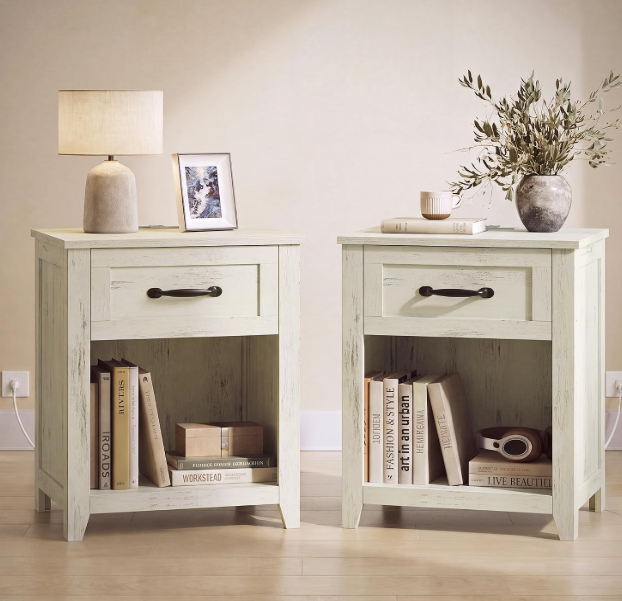 VASAGLE Farmhouse Nightstand with Charging Station