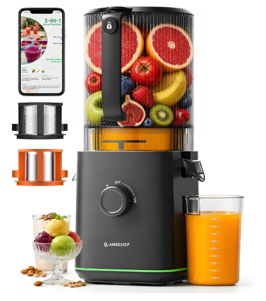 AMZCHEF 3 in 1 Slow Juicer With 6 Inch Feed Chute, model UL-ZM1919-BK