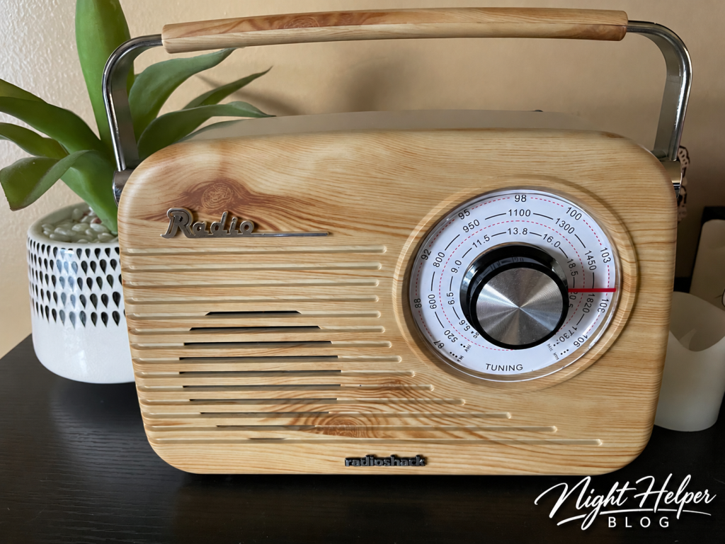 Front view of the RadioShack retro radio showing its large tuning dial and speaker grille